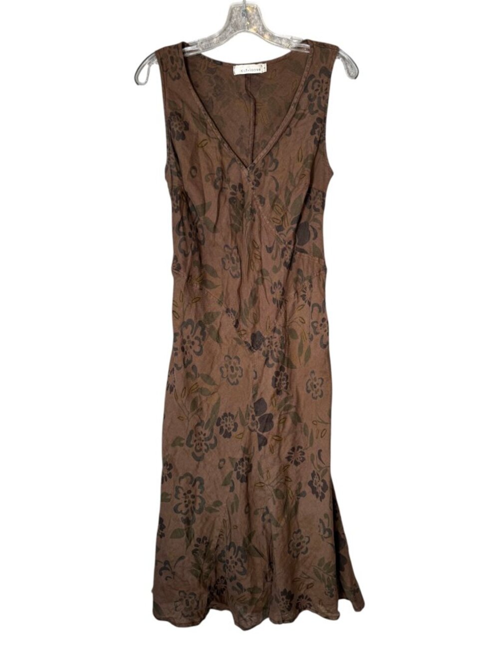 Cut Loose 100% Linen Brown Midi Dress Floral Neutral Whimsigoth Earthy Boho M